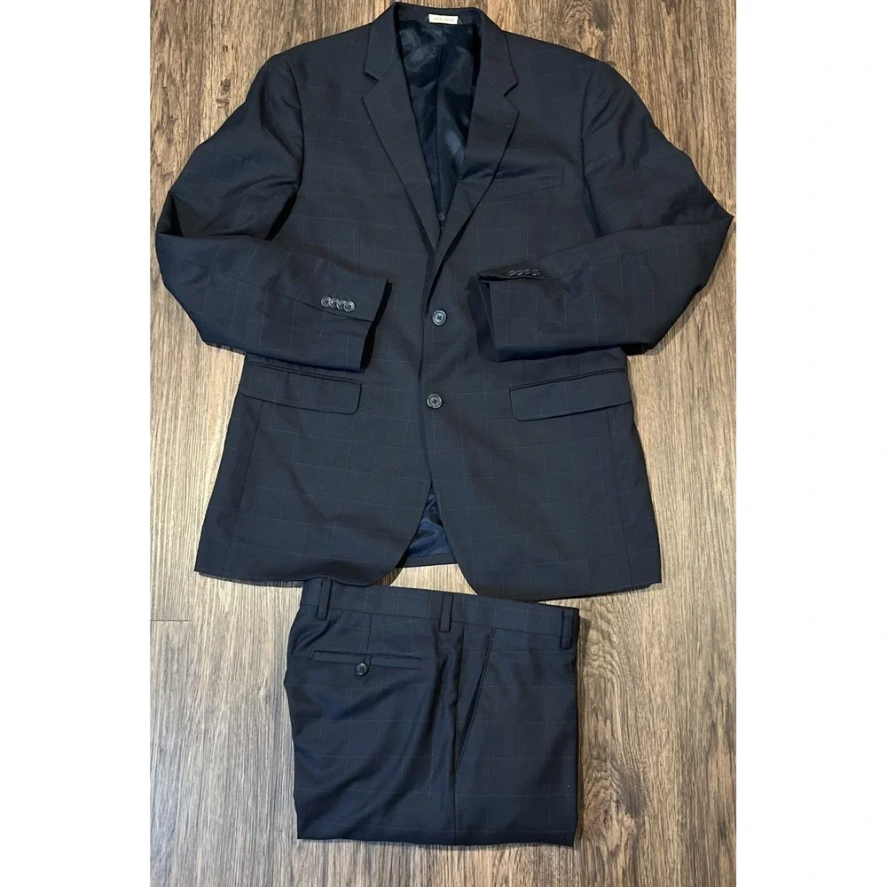 Banana Republic Tailored Fit Windowpane Navy Suit Mens Pants 44L 33X34-Set